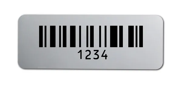 Universaletiketten Material:Polyester-Folie Silberoptik matt Größe:40x15mm Kopfzeile:"ohne" Barcode:128C Stellenanzahl:4-stellig Ausführung:1 Etikette pro Nummer Menge:1000