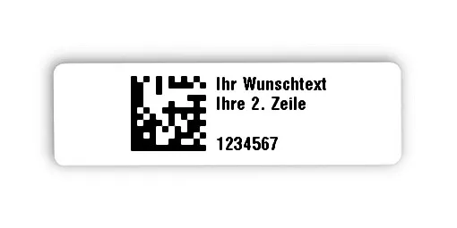 Universaletiketten Material:Polyethylen-Folie hochglänzend weiß Größe:31x9mm Kopfzeile:"Ihr Wunschtext" Barcode:DataMatrix Stellenanzahl:7-stellig Ausführung:1 Etikette pro Nummer Menge:1000