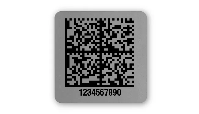 Universaletiketten Material:Folie silber matt Größe:26x26mm Kopfzeile:"ohne" Barcode:DataMatrix Stellenanzahl:10-stellig Ausführung:2 Etiketten pro Nummer Menge:1000