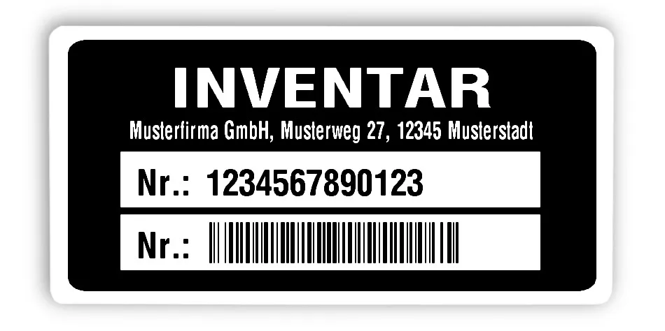 Inventaretiketten Material:Polyethylen-Folie hochglänzend weiß Größe:68x34mm Kopfzeile:"Ihr Wunschtext" Barcode:128B Stellenanzahl:13-stellig Ausführung:1 Etikette pro Nummer Menge:1000