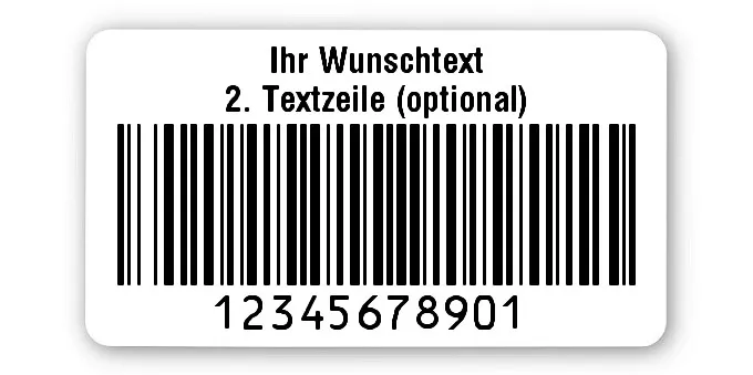 Prüfetiketten Material:Polyethylen-Folie hochglänzend weiß Größe:45x25mm Kopfzeile:"Ihr Wunschtext" Barcode:128B Stellenanzahl:11-stellig Ausführung:1 Etikette pro Nummer Menge:500