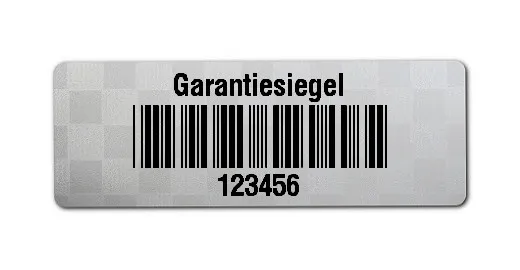 Siegeletiketten Material:Polyester-Folie Silberoptik Siegeletikette Größe:36x13mm Kopfzeile:"Garantiesiegel" Barcode:Code 39 ohne Prüfziffer Stellenanzahl:6-stellig Menge:100