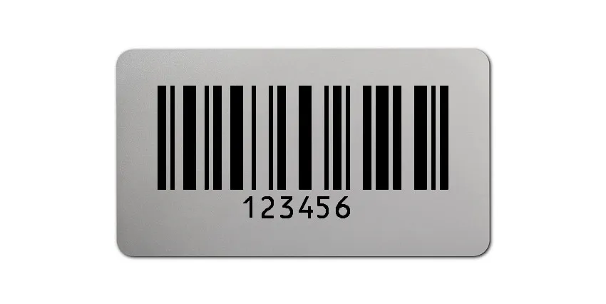 Universaletiketten Material:Folie silber matt Größe:45x25mm Kopfzeile:"ohne" Barcode:128C Stellenanzahl:6-stellig Ausführung:2 Etiketten pro Nummer Menge:100