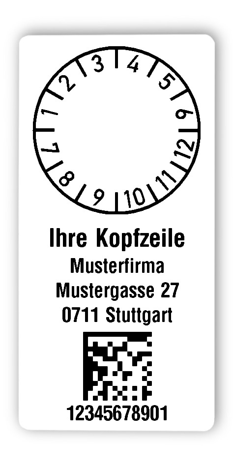 300x Prüfplaketten Folie weiß, 68x34mm, DataMatrix 11-stellig ff, Ihr Wunschtext, 1 Etikett pro Nummer
