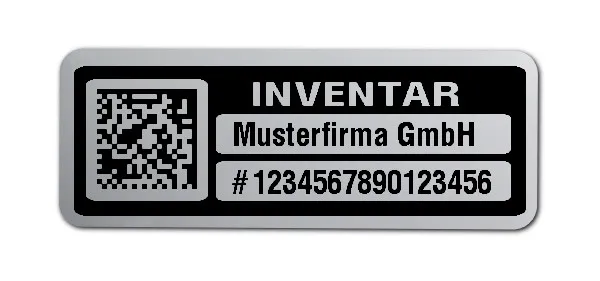 Inventaretiketten Material:Polyester-Folie Silberoptik matt Größe:40x15mm Kopfzeile:"Ihr Wunschtext" Barcode:DataMatrix Stellenanzahl:16-stellig Menge:100