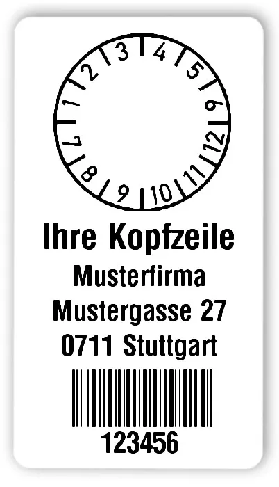 Prüfplakettenträger Material:Polyethylen-Folie hochglänzend weiß Größe:54x30mm Kopfzeile:"Ihr Wunschtext" Barcode:128B Stellenanzahl:6-stellig Ausführung:1 Etikette pro Nummer Menge:300