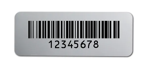 Universaletiketten Material:Polyester-Folie Silberoptik matt Größe:40x15mm Kopfzeile:"ohne" Barcode:128B Stellenanzahl:8-stellig Ausführung:1 Etikette pro Nummer Menge:500