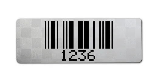 Universaletiketten Material:Polyester-Folie Silberoptik Siegeletikette Größe:36x13mm Kopfzeile:"ohne" Barcode:2a5 mit Prüfziffer Stellenanzahl:4-stellig Ausführung:1 Etikette pro Nummer Menge:1000
