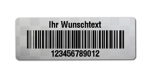 Siegeletiketten Material:Polyester-Folie Silberoptik Siegeletikette Größe:36x13mm Kopfzeile:"Ihr Wunschtext" Barcode:128B Stellenanzahl:12-stellig Menge:1000