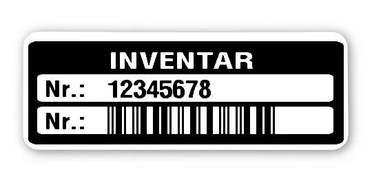 Inventaretiketten Material:Polyethylen-Folie hochglänzend weiß Größe:40x15mm Kopfzeile:"Inventar" Barcode:2a5 interleaved Stellenanzahl:8-stellig Menge:1000