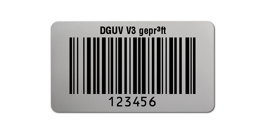 500x Prüfetiketten Folie silber, 45x25mm, 128B 6-stellig ff, DGUV V3 geprüft, 1 Etikett pro Nummer