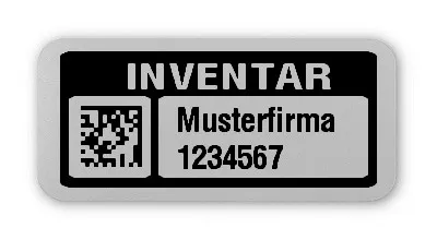 Inventaretiketten Material:Polyester-Folie Silberoptik matt Größe:26x12mm Kopfzeile:"Ihr Wunschtext" Barcode:DataMatrix Stellenanzahl:7-stellig Menge:100