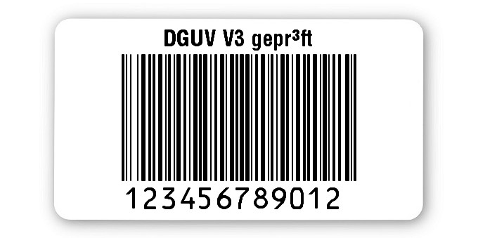 1000x Prüfetiketten Folie weiß, 45x25mm, 128B 12-stellig ff, DGUV V3 geprüft, 1 Etikett pro Nummer