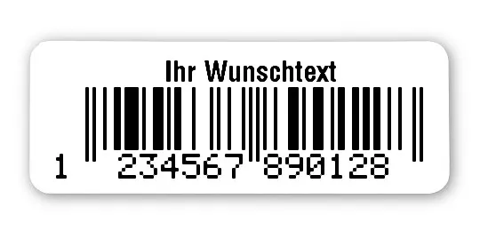 EAN Etiketten Material:Polyethylen-Folie hochglänzend weiß Größe:40x15mm Produkt:EAN Etiketten Kopfzeile:"Ihr Wunschtext" Größe:40x15mm Barcode:EAN 13 Stellenanzahl:13-stellig Ausführung:1 Etikette pro Nummer Menge:100