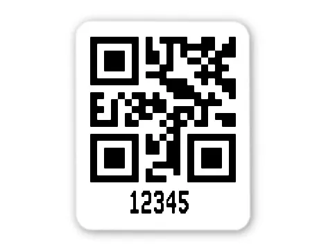 Universaletiketten Material:Polyethylen-Folie hochglänzend weiß Größe:26x22mm Kopfzeile:"ohne" Barcode:QR Stellenanzahl:5-stellig Ausführung:1 Etikette pro Nummer Menge:100