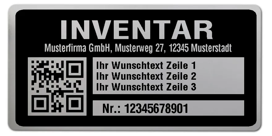 Inventaretiketten Material:Polyester-Folie Silberoptik matt Größe:68x34mm Kopfzeile:"Ihr Wunschtext" Barcode:QR Stellenanzahl:11-stellig Menge:100