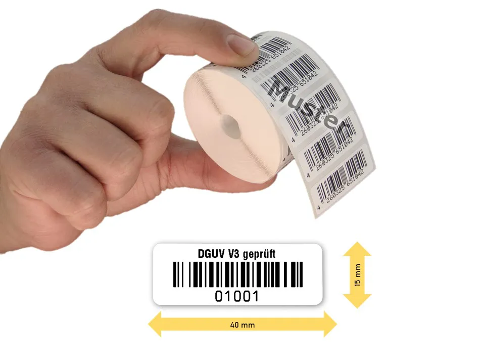 Produktbild: Prüfetiketten, 40x15mm "DGUV V3 geprüft", 1000 Stück, Nummernkreis 01001 - 02000