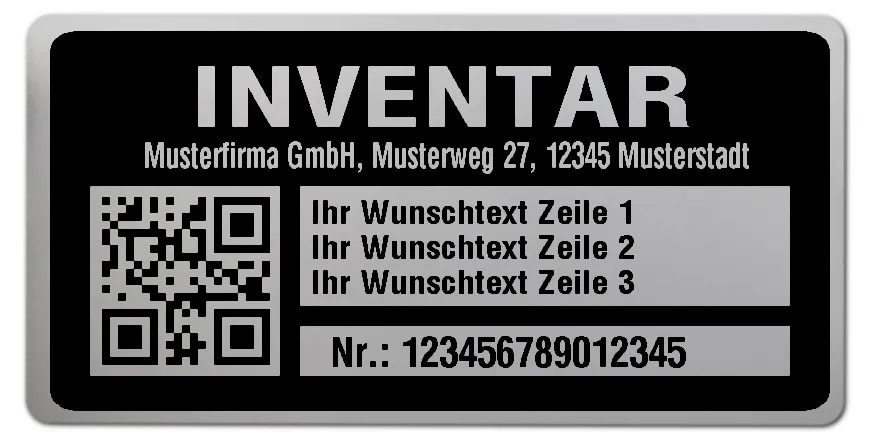 Inventaretiketten Material:Polyester-Folie Silberoptik matt Größe:68x34mm Kopfzeile:"Ihr Wunschtext" Barcode:QR Stellenanzahl:15-stellig Menge:1000