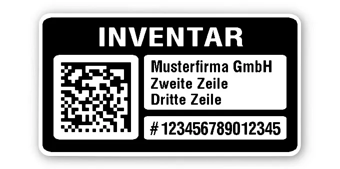 Inventaretiketten Material:Polyethylen-Folie hochglänzend weiß Größe:45x25mm Kopfzeile:"Ihr Wunschtext" Barcode:DataMatrix Stellenanzahl:15-stellig Menge:100