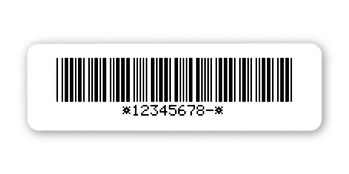 Universaletiketten Material:ThermoTop Größe:50x15mm Kopfzeile:"ohne" Barcode:Code 39 mit Prüfziffer Stellenanzahl:9-stellig Ausführung:1 Etikette pro Nummer Menge:100