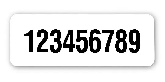 Archivierungsetiketten Material:Polyethylen-Folie hochglänzend weiß Größe:40x15mm Kopfzeile:"ohne" Barcode:ohne Stellenanzahl:9-stellig Ausführung:1 Etikette pro Nummer Menge:1000