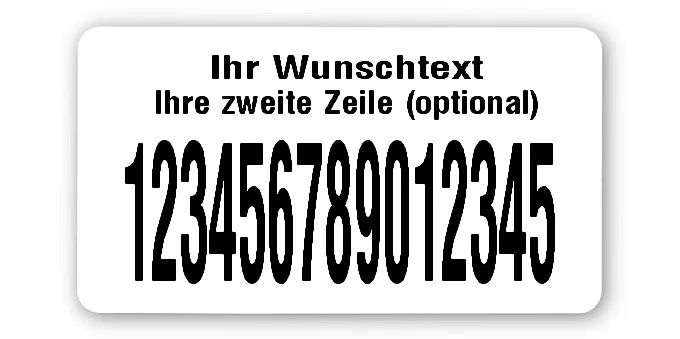 Universaletiketten Material:ThermoTop Größe:45x25mm Kopfzeile:"Ihr Wunschtext" Barcode:ohne Stellenanzahl:15-stellig Ausführung:1 Etikette pro Nummer Menge:500
