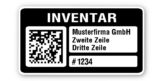 Inventaretiketten Material:Polyethylen-Folie hochglänzend weiß Größe:45x25mm Kopfzeile:"Ihr Wunschtext" Barcode:DataMatrix Stellenanzahl:4-stellig Menge:100