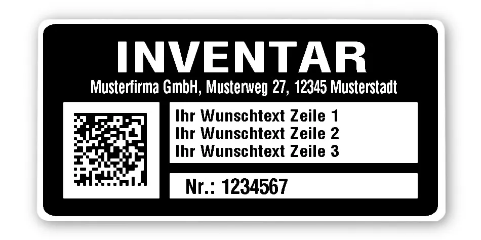 Inventaretiketten Material:Polyethylen-Folie hochglänzend weiß Größe:68x34mm Kopfzeile:"Ihr Wunschtext" Barcode:DataMatrix Stellenanzahl:7-stellig Menge:1000