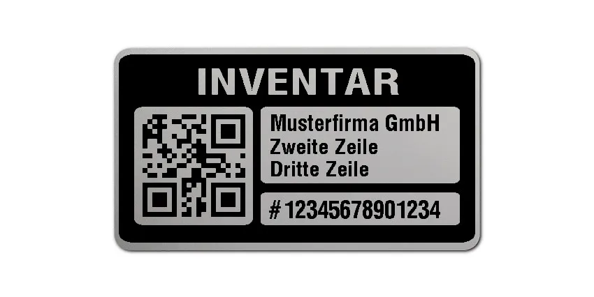 Inventaretiketten Material:Polyester-Folie Silberoptik matt Größe:45x25mm Kopfzeile:"Ihr Wunschtext" Barcode:QR Stellenanzahl:14-stellig Menge:500