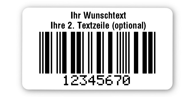100x Inventaretiketten Folie weiß, 45x25mm, 2a5 mit Prüfziffer 8-stellig ff, Ihr Wunschtext, 1 Etikett pro Nummer