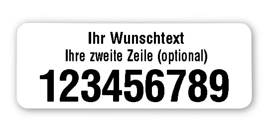 Universaletiketten Material:Folie weiß Größe:40x15mm Kopfzeile:"Ihr Wunschtext" Barcode:ohne Stellenanzahl:9-stellig Ausführung:4 Etiketten pro Nummer Etiketten je Rolle:500