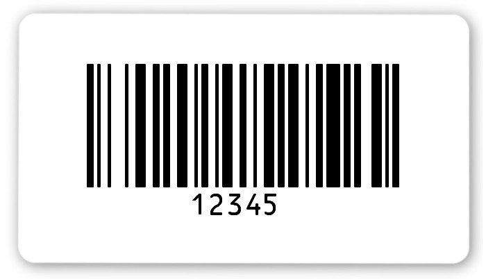 Universaletiketten Material:Folie hochglänzend weiß Größe:54x30mm Kopfzeile:"ohne" Barcode:128B Stellenanzahl:5-stellig Ausführung:4 Etiketten pro Nummer Menge:100