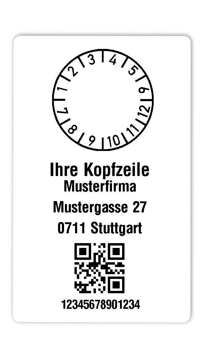 300x Prüfplaketten Folie weiß, 80x50mm, QR 14-stellig ff, Ihr Wunschtext, 1 Etikett pro Nummer