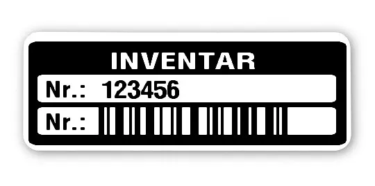 Inventaretiketten Material:Polyethylen-Folie hochglänzend weiß Größe:40x15mm Kopfzeile:"Inventar" Barcode:128C Stellenanzahl:6-stellig Menge:1000