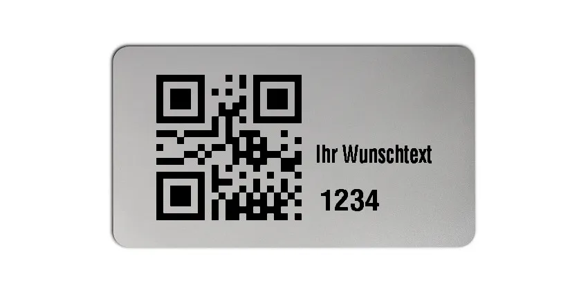Inventaretiketten Universal Material:Polyester-Folie Silberoptik matt Größe:45x25mm Kopfzeile:"Ihr Wunschtext" Barcode:QR Stellenanzahl:4-stellig Menge:100
