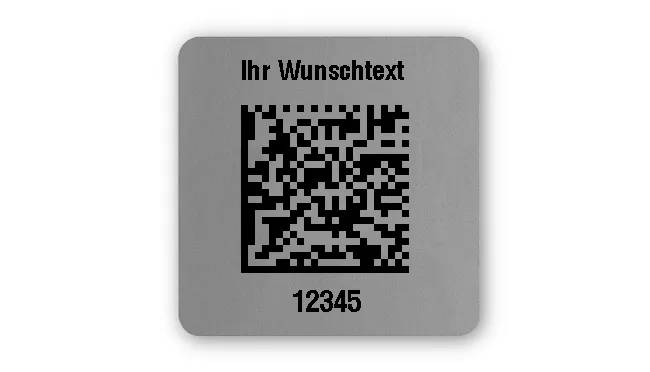 Universaletiketten Material:Polyester-Folie Silberoptik matt Größe:26x26mm Kopfzeile:"Ihr Wunschtext" Barcode:DataMatrix Stellenanzahl:5-stellig Ausführung:1 Etikette pro Nummer Menge:500