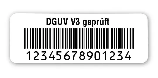 Prüfetiketten Material:Polyethylen-Folie hochglänzend weiß Größe:40x15mm Kopfzeile:"DGUV V3 geprüft" Barcode:128B Stellenanzahl:14-stellig Ausführung:1 Etikette pro Nummer Menge:500