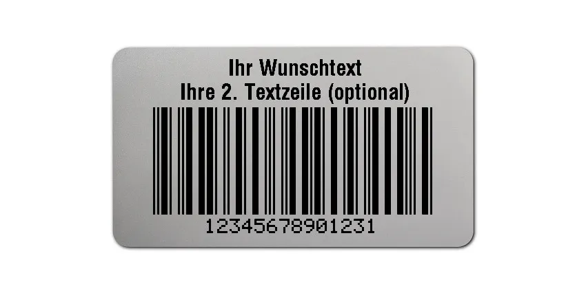 Universaletiketten Material:Folie silber matt Größe:45x25mm Kopfzeile:"Ihr Wunschtext" Barcode:2a5 mit Prüfziffer Stellenanzahl:14-stellig Ausführung:3 Etiketten pro Nummer Menge:300