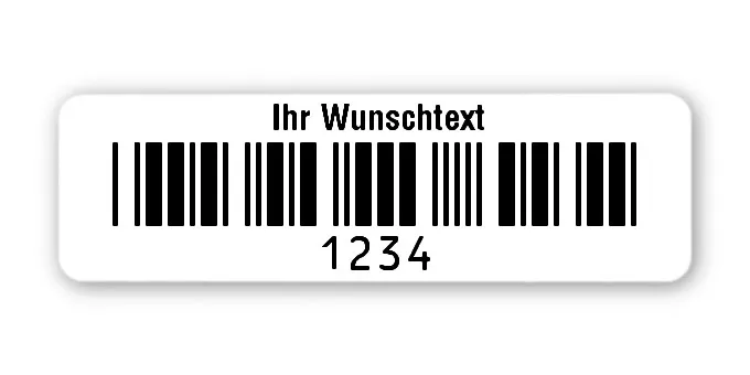 Universaletiketten Material:Thermopapier Größe:50x15mm Kopfzeile:"Ihr Wunschtext" Barcode:Code 39 ohne Prüfziffer Stellenanzahl:4-stellig Ausführung:4 Etiketten pro Nummer Menge:100