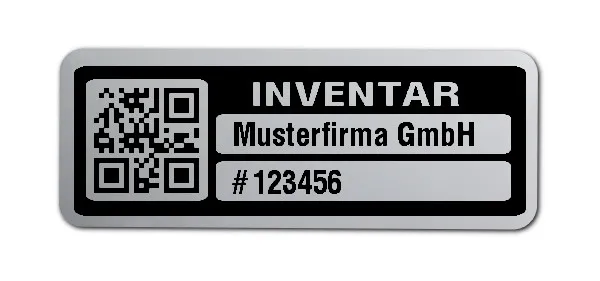 Inventaretiketten Material:Polyester-Folie Silberoptik matt Größe:40x15mm Kopfzeile:"Ihr Wunschtext" Barcode:QR Stellenanzahl:6-stellig Menge:500