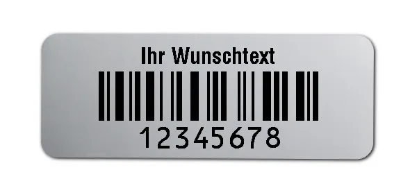 Universaletiketten Material:Polyester-Folie Silberoptik matt Größe:40x15mm Kopfzeile:"Ihr Wunschtext" Barcode:128C Stellenanzahl:8-stellig Ausführung:1 Etikette pro Nummer Menge:500