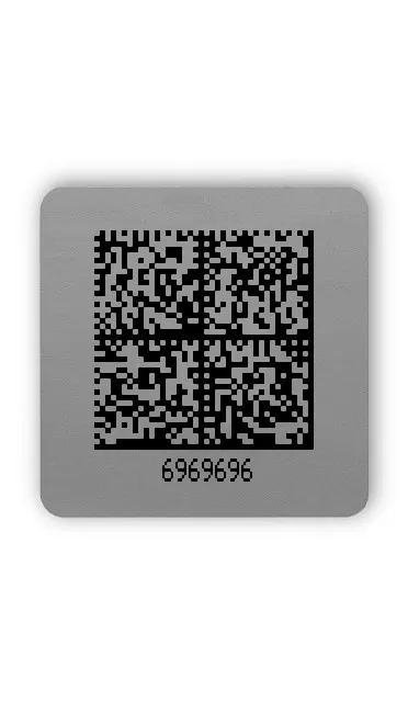 Produktbild:Universaletiketten Material:Folie silber Größe:26x26mm Kopfzeile:"ohne" Barcode:DataMatrix Stellenanzahl:Webadresse Ausführung:1 Etikett pro Nummer Etiketten je Rolle:500