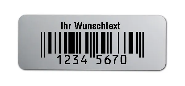 EAN Etiketten Material:Polyester-Folie Silberoptik matt Größe:40x15mm Produkt:EAN Etiketten Kopfzeile:"Ihr Wunschtext" Größe:40x15mm Barcode:EAN 8 Stellenanzahl:8-stellig Ausführung:1 Etikette pro Nummer Menge:100