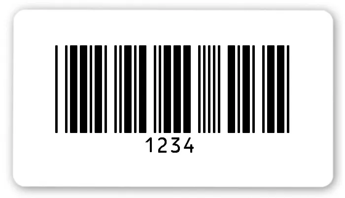 Universaletiketten Material:Folie hochglänzend weiß Größe:54x30mm Kopfzeile:"ohne" Barcode:Code 39 ohne Prüfziffer Stellenanzahl:4-stellig Ausführung:3 Etiketten pro Nummer Menge:300