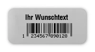Universaletiketten Material:Polyester-Folie Silberoptik matt Größe:26x12mm Kopfzeile:"Ihr Wunschtext" Barcode:EAN 13 Stellenanzahl:13-stellig Ausführung:1 Etikette pro Nummer Menge:1000