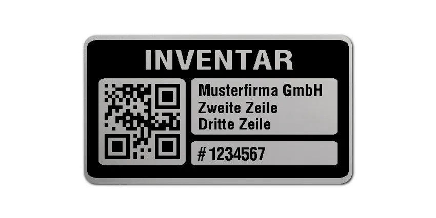 Inventaretiketten Material:Polyester-Folie Silberoptik matt Größe:45x25mm Kopfzeile:"Ihr Wunschtext" Barcode:QR Stellenanzahl:7-stellig Menge:100