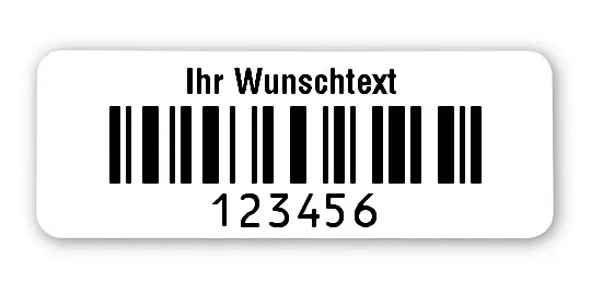 Textiletiketten Material:Patch Größe:40x15mm Kopfzeile:"Ihr Wunschtext" Barcode:128C Stellenanzahl:6-stellig Ausführung:1 Etikette pro Nummer Menge:100