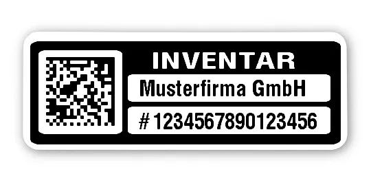 Inventaretiketten Material:Polyethylen-Folie hochglänzend weiß Größe:40x15mm Kopfzeile:"Ihr Wunschtext" Barcode:DataMatrix Stellenanzahl:16-stellig Menge:500
