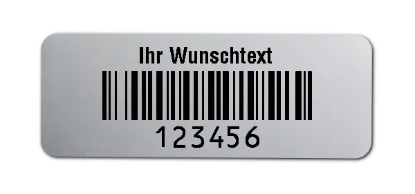 Universaletiketten Material:Folie silber matt Größe:40x15mm Kopfzeile:"Ihr Wunschtext" Barcode:128B Stellenanzahl:6-stellig Ausführung:3 Etiketten pro Nummer Menge:300