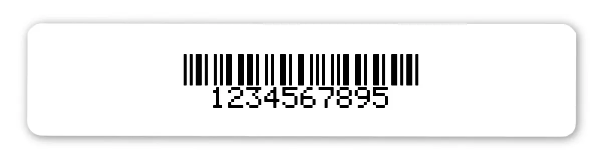 Universaletiketten Material:Polyethylen-Folie weiß matt opak Größe:77x16mm Kopfzeile:"ohne" Barcode:2a5 mit Prüfziffer Stellenanzahl:10-stellig Ausführung:1 Etikette pro Nummer Menge:1000